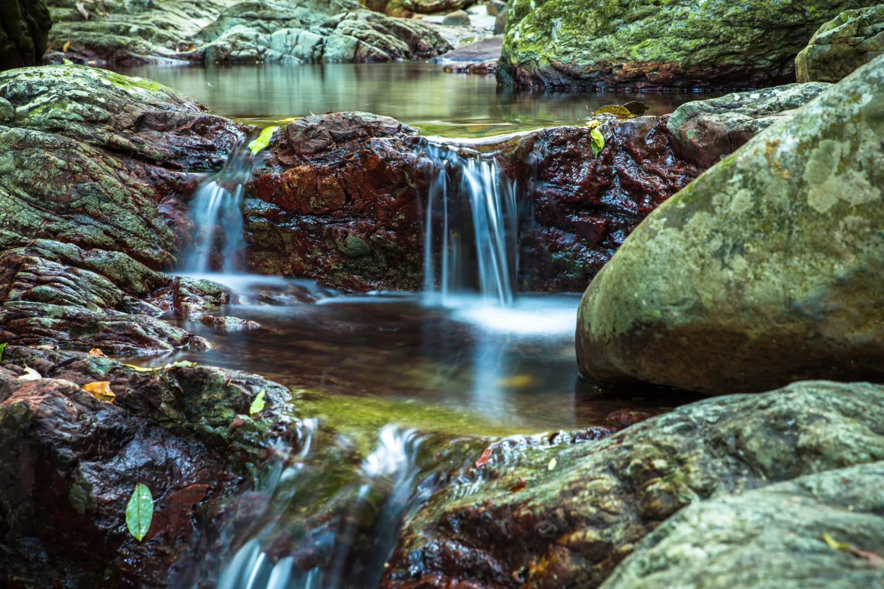 A tranquil long-exposure shot of a small waterfall cascading over reddish-brown mossy rocks into a clear pool in a lush forest setting.
