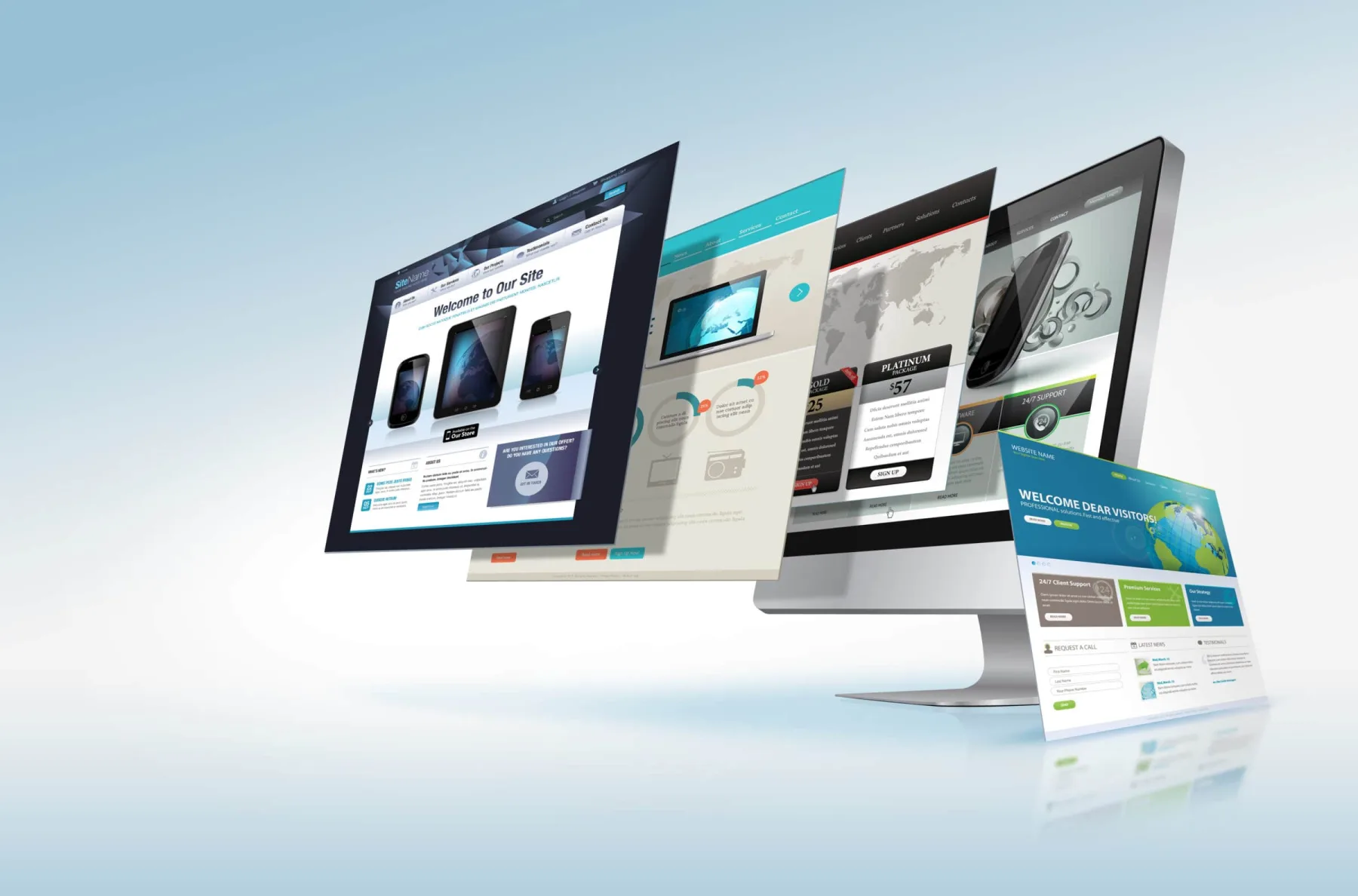 A desktop computer monitor stands behind several floating web browser windows that showcase various modern website designs and layouts.