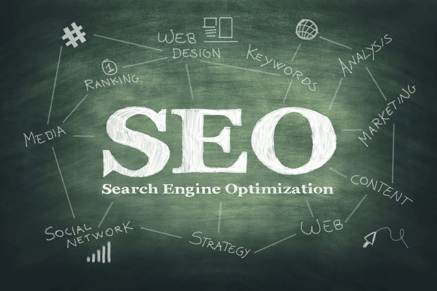 A green chalkboard features the large, hand-drawn acronym SEO and the full term 'Search Engine Optimization' at its centre.