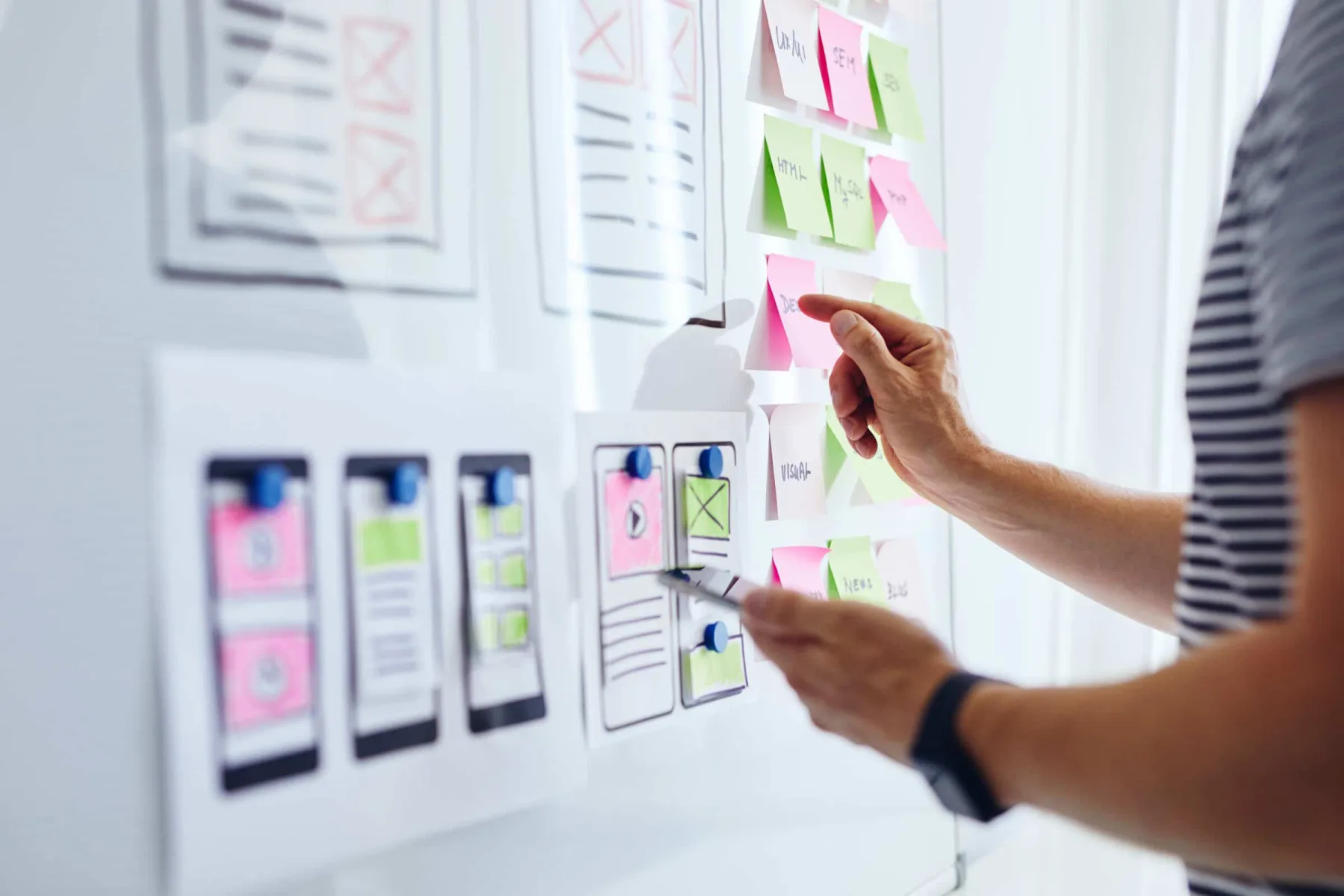 A person stands before a whiteboard covered in mobile app wireframes, sketches, and colourful sticky notes.