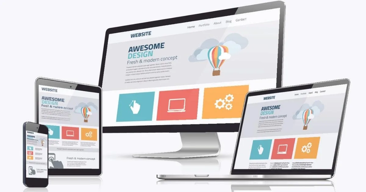 A digital illustration showcases responsive web design across four different devices