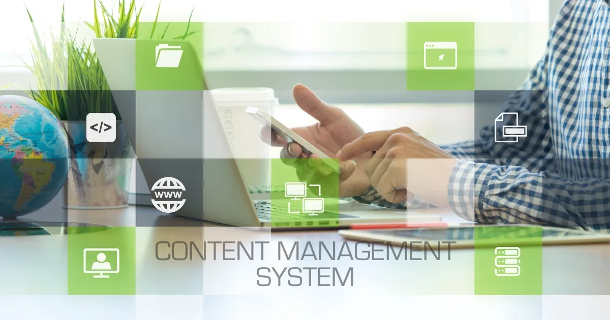 A person in a chequered shirt uses a smartphone at a desk with a laptop, overlaid with a green and white digital grid labelled 'CONTENT MANAGEMENT SYSTEM.