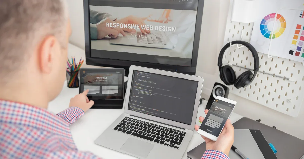 An over-the-shoulder view of a web developer at a multi-device workstation.
