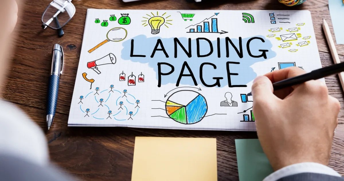 An overhead shot shows a person's hand drawing a conceptual mind map for a 'LANDING PAGE' on grid paper.