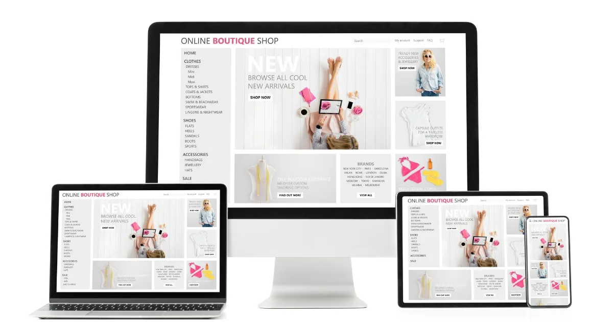 A display of a responsive 'ONLINE BOUTIQUE SHOP' website across four different devices