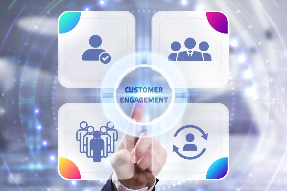 A close-up of a hand pointing at a glowing digital interface with the text "CUSTOMER ENGAGEMENT" in the centre.
