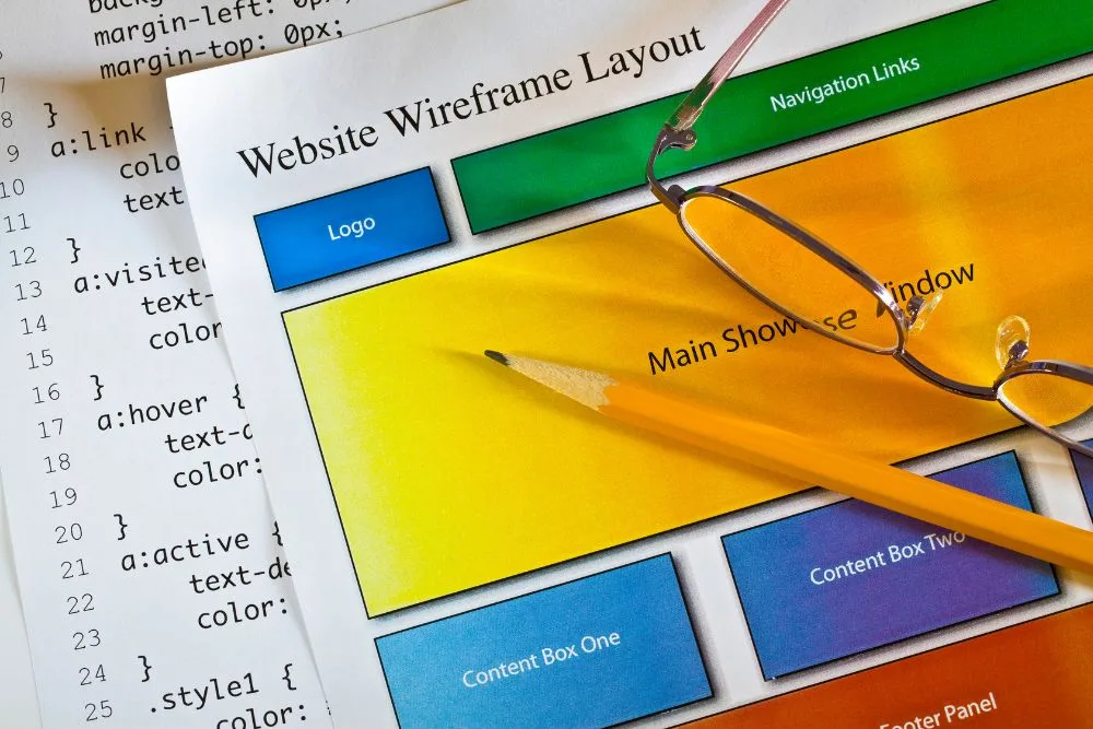 A close-up, overhead shot of a printed "Website Wireframe Layout" featuring colourful blocks for elements like "Logo," "Navigation Links," and "Content Box."