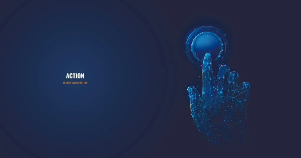 A futuristic wireframe illustration of a glowing blue digital hand reaching up to press a luminous circular button