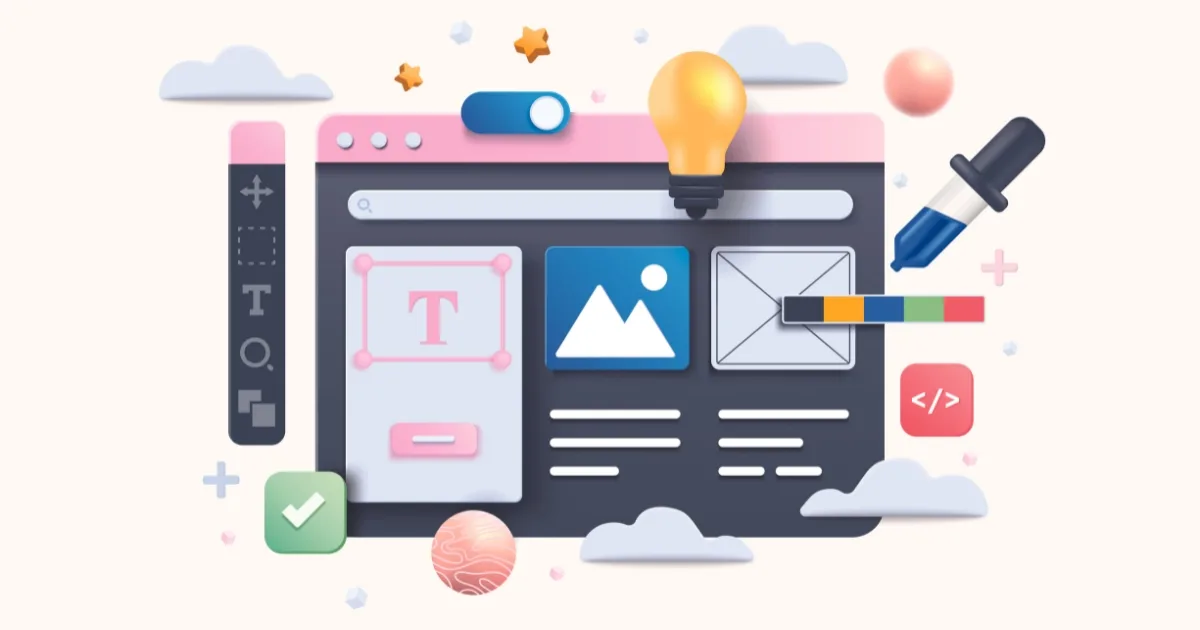 A playful 3D illustration of a website editor interface