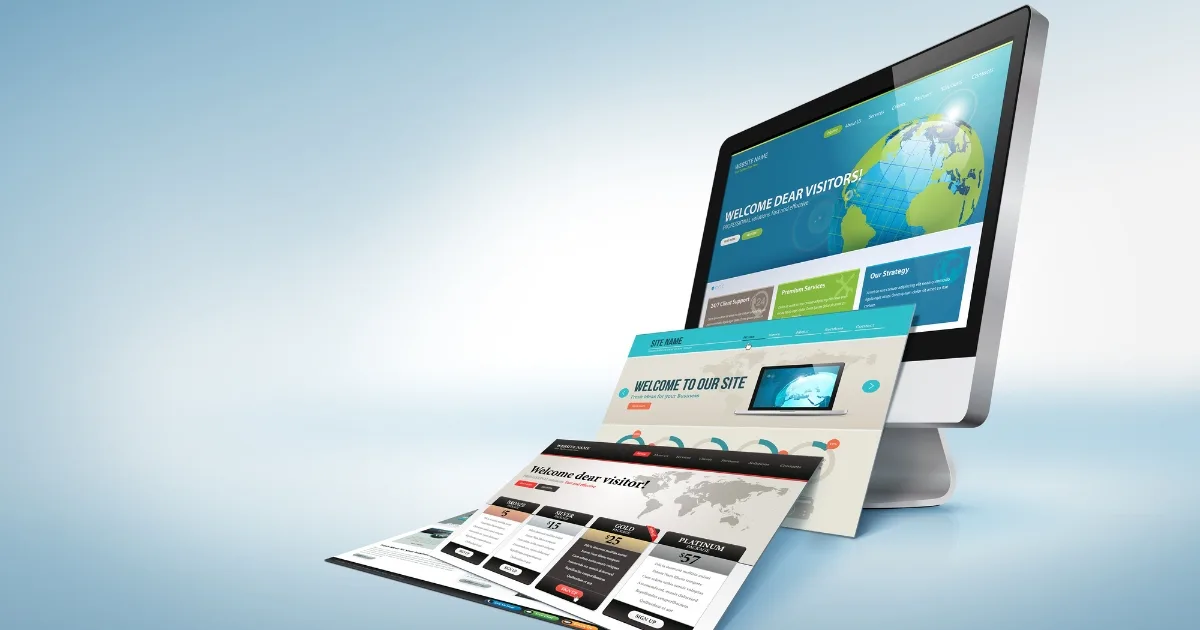 A professional showcase of multiple modern website templates and landing pages layered in front of a sleek desktop computer monitor