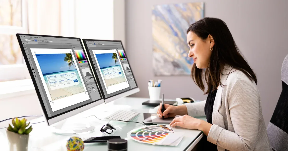 A professional graphic designer working at a dual-monitor station