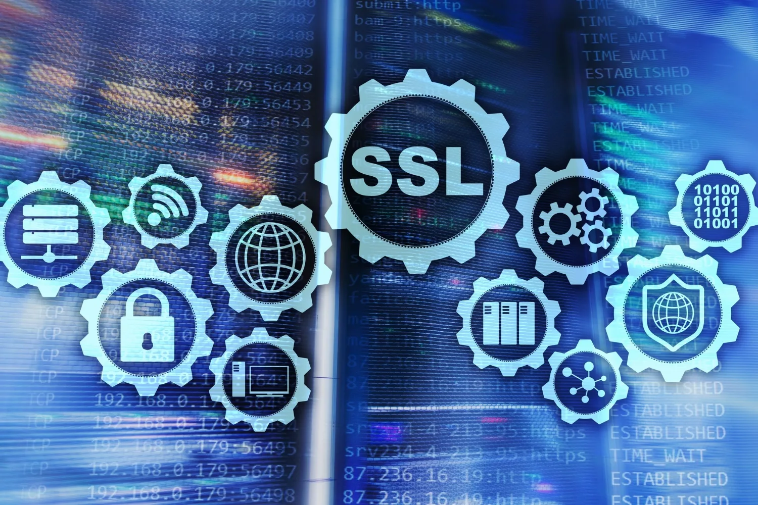 A digital cybersecurity graphic featuring a large central gear labelled 'SSL,' surrounded by smaller interconnected gear icons