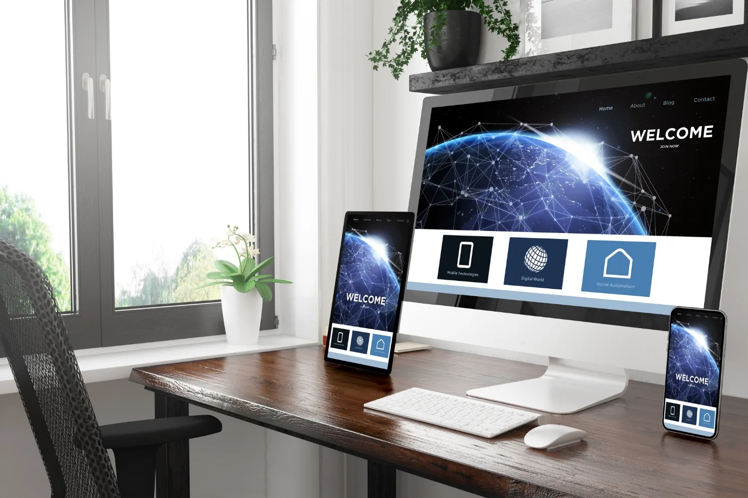 A workspace with a computer displaying a website with a global theme, along with a tablet and a smartphone
