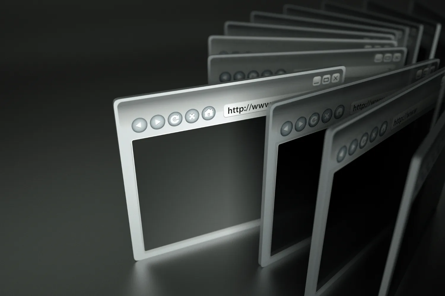 A 3D conceptual image of several web browser windows arranged in a fanning, accordion-like stack on a dark grey surface.