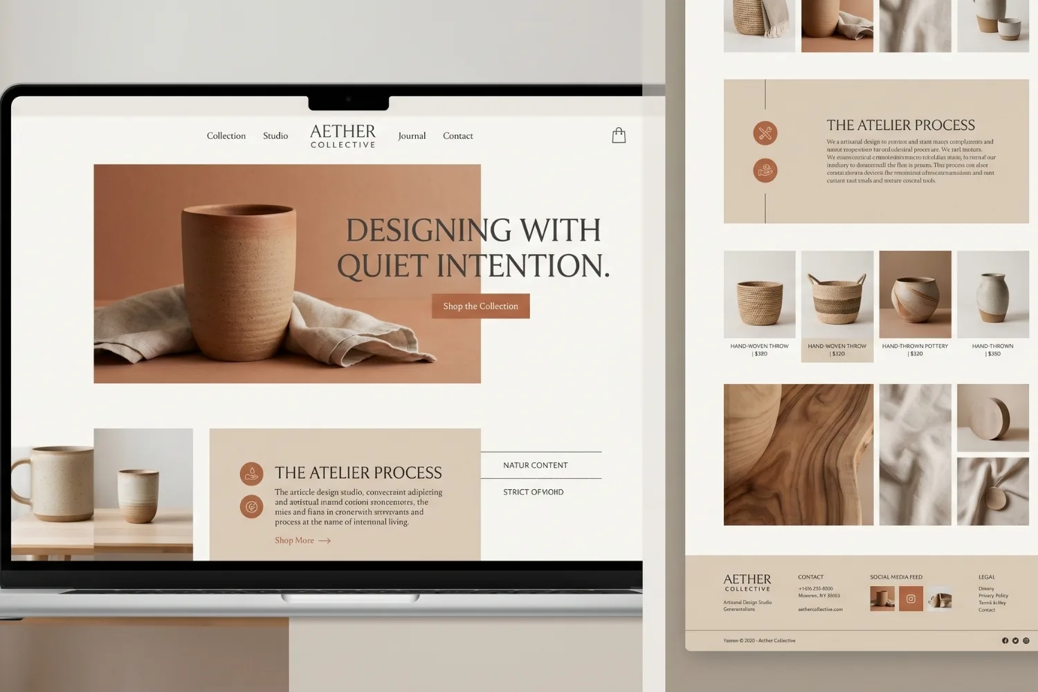 A modern website mockup using Cloud Dancer off-white backgrounds paired with warm terracotta and earth tone accents and elegant serif typography, illustrating the quiet luxury aesthetic popular in 2026 web design colour trends