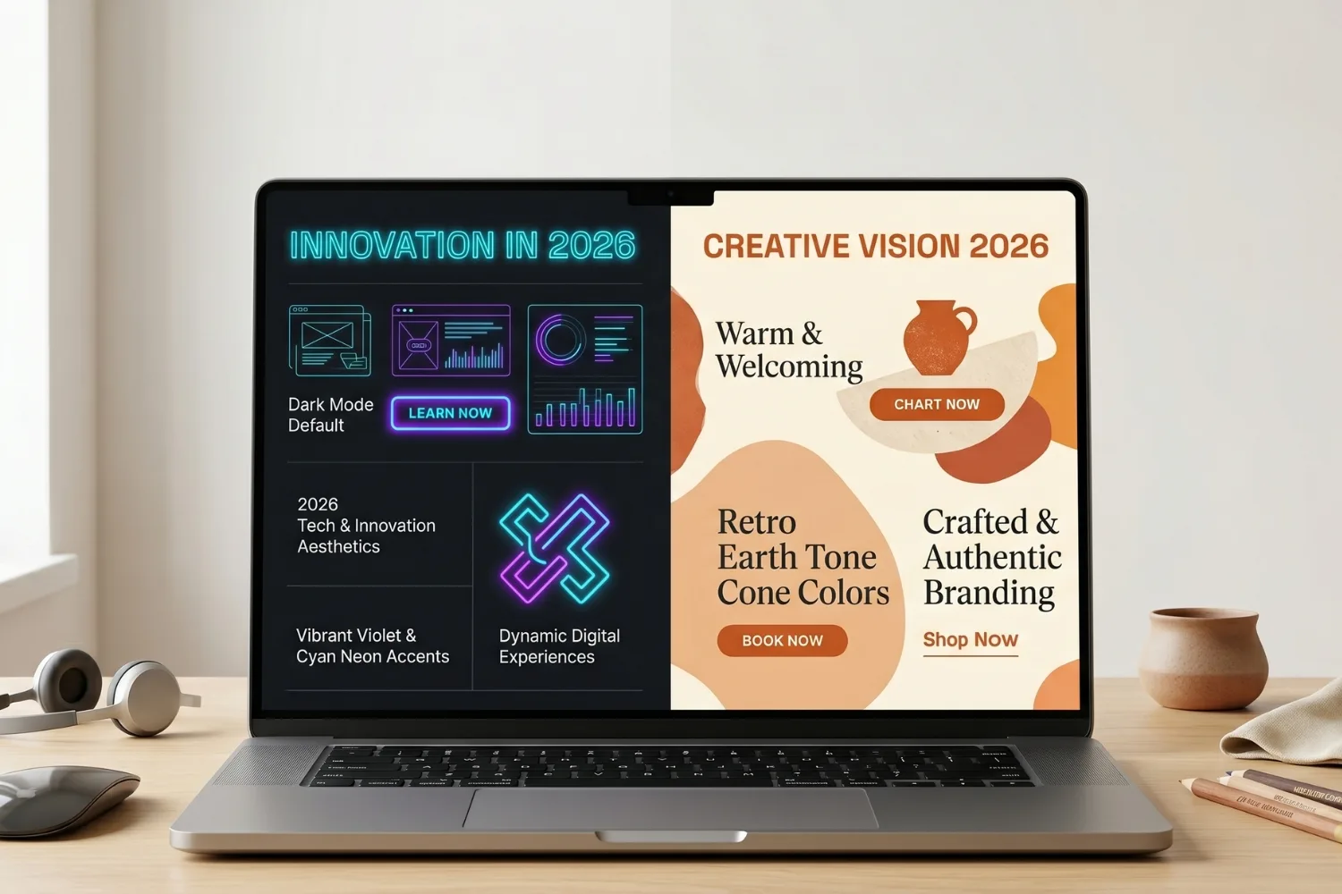 Side-by-side comparison of two 2026 web design palettes: a dark background with electric violet and cyan neon accents representing tech and innovation aesthetics on the left, and a warm terracotta, burnt orange, and cream retro earth tone palette for creative brands on the right