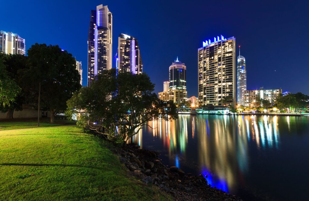 A vibrant nighttime view of the Gold Coast skyline
