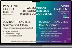 A split-composition graphic showing Pantone Cloud Dancer soft off-white tones on one side contrasted against vivid Transformative Teal and violet gradient tones on the other, representing the two dominant directions in 2026 website colour design