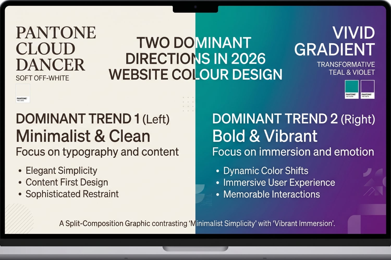 A split-composition graphic showing Pantone Cloud Dancer soft off-white tones on one side contrasted against vivid Transformative Teal and violet gradient tones on the other, representing the two dominant directions in 2026 website colour design