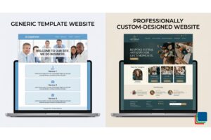 A split-screen comparison showing a generic template website with standard layout on the left and a professionally custom-designed small business website with distinctive branding and purposeful layout on the right