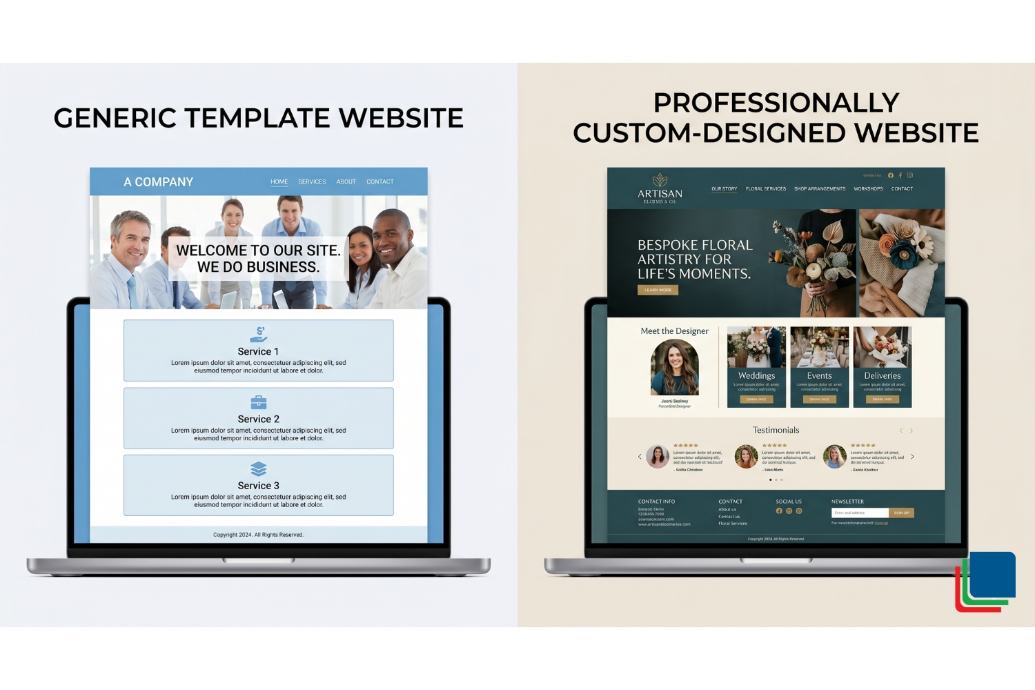 A split-screen comparison showing a generic template website with standard layout on the left and a professionally custom-designed small business website with distinctive branding and purposeful layout on the right