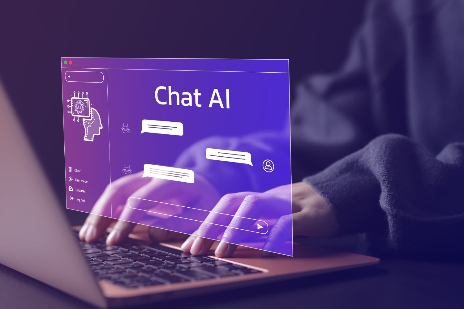 The AI Agent Starter Kit: What You Actually Need to Get Going - AI Agent Person using a Chat AI desktop application on a laptop with a digital interface overlay.