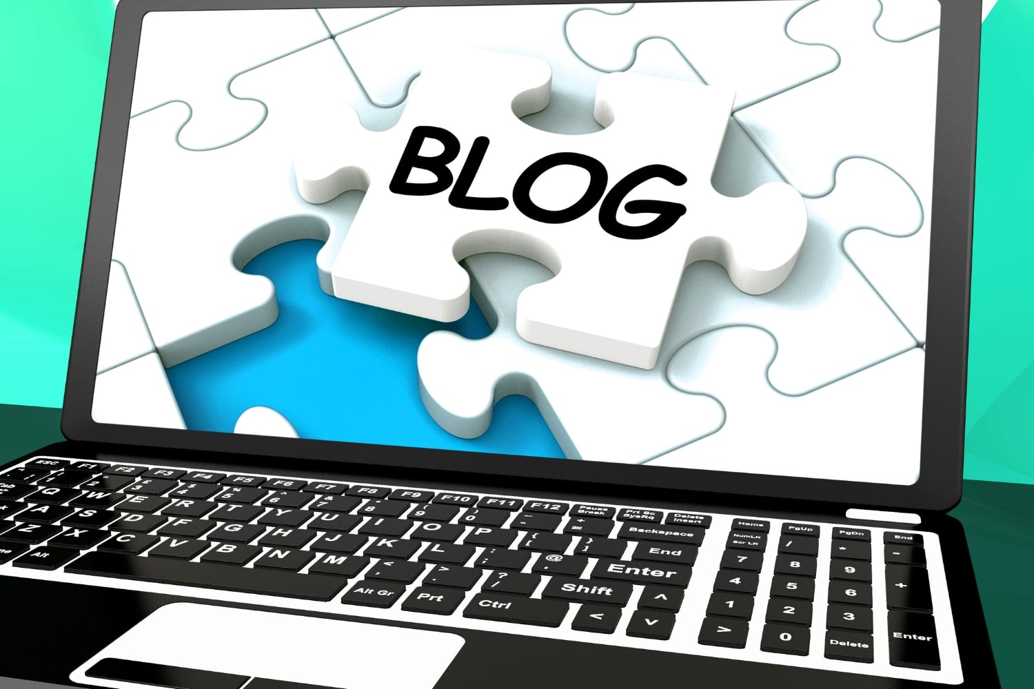 Laptop screen showing a puzzle piece with the word "BLOG" fitting into a business website strategy concept.