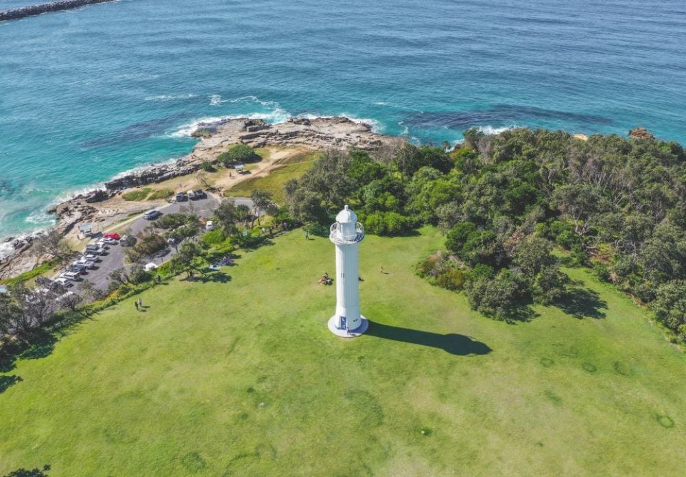 Aerial view of the lighthouse in Yamba, New South Wales, Australia