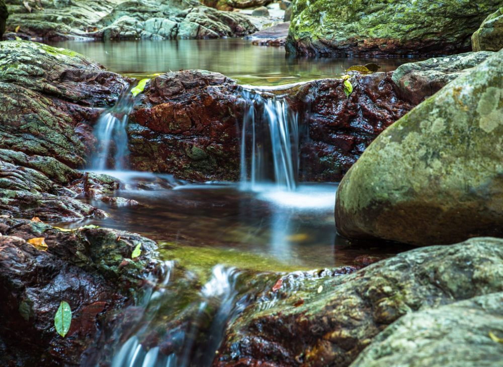 A tranquil long-exposure shot of a small waterfall cascading over reddish-brown mossy rocks into a clear pool in a lush forest setting.